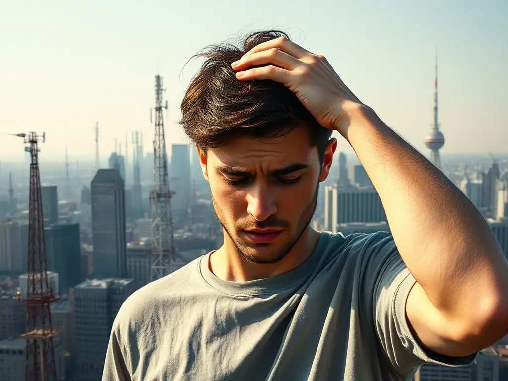 A concerned individual holding their head, symbolizing the potential health impacts of electromagnetic radiation from devices, set against a backdrop of city skyline filled with cell towers.