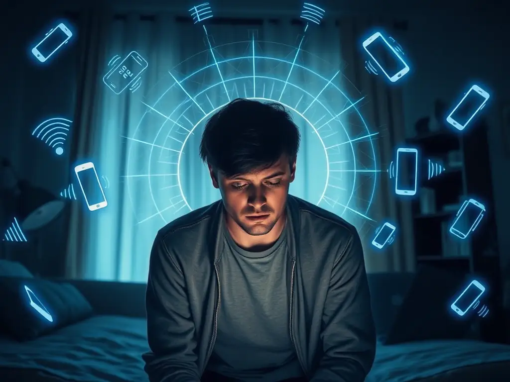 A person looking distressed while surrounded by electromagnetic waves emanating from various devices, illustrating the potential for psychological manipulation.